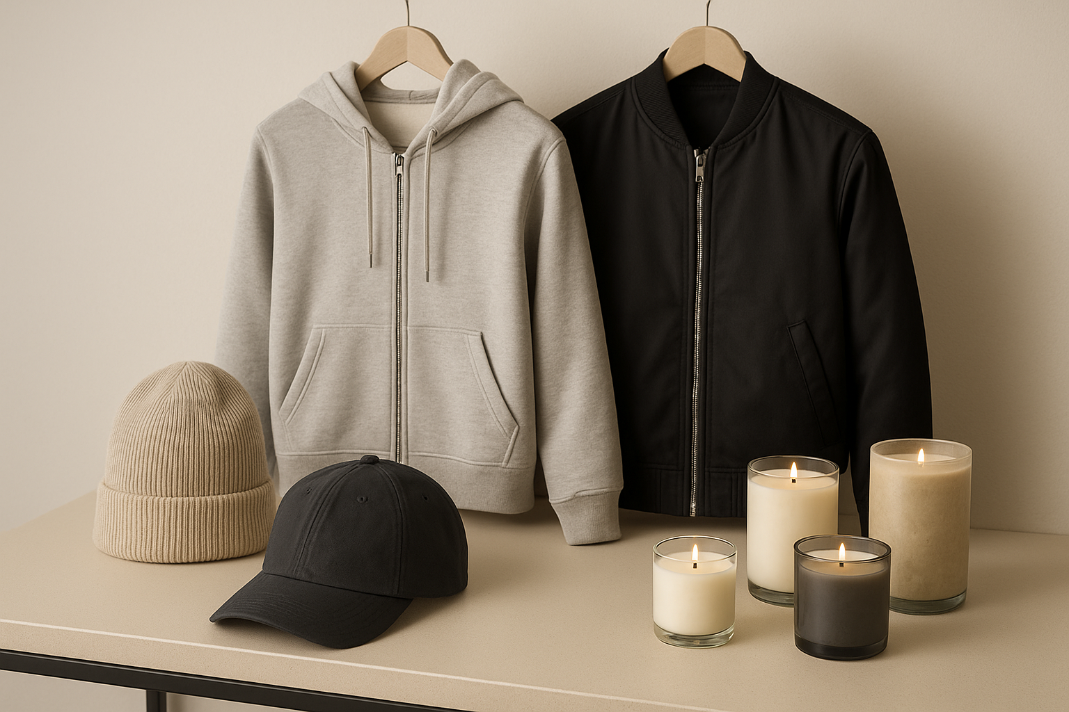 Hats, Jackets, and Candles Product Display